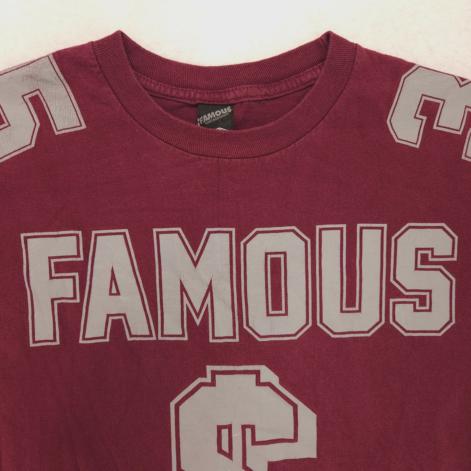 Famous Casual Graphic Short Sleeve Crew Neck Shirt Mens Size Medium M Maroon